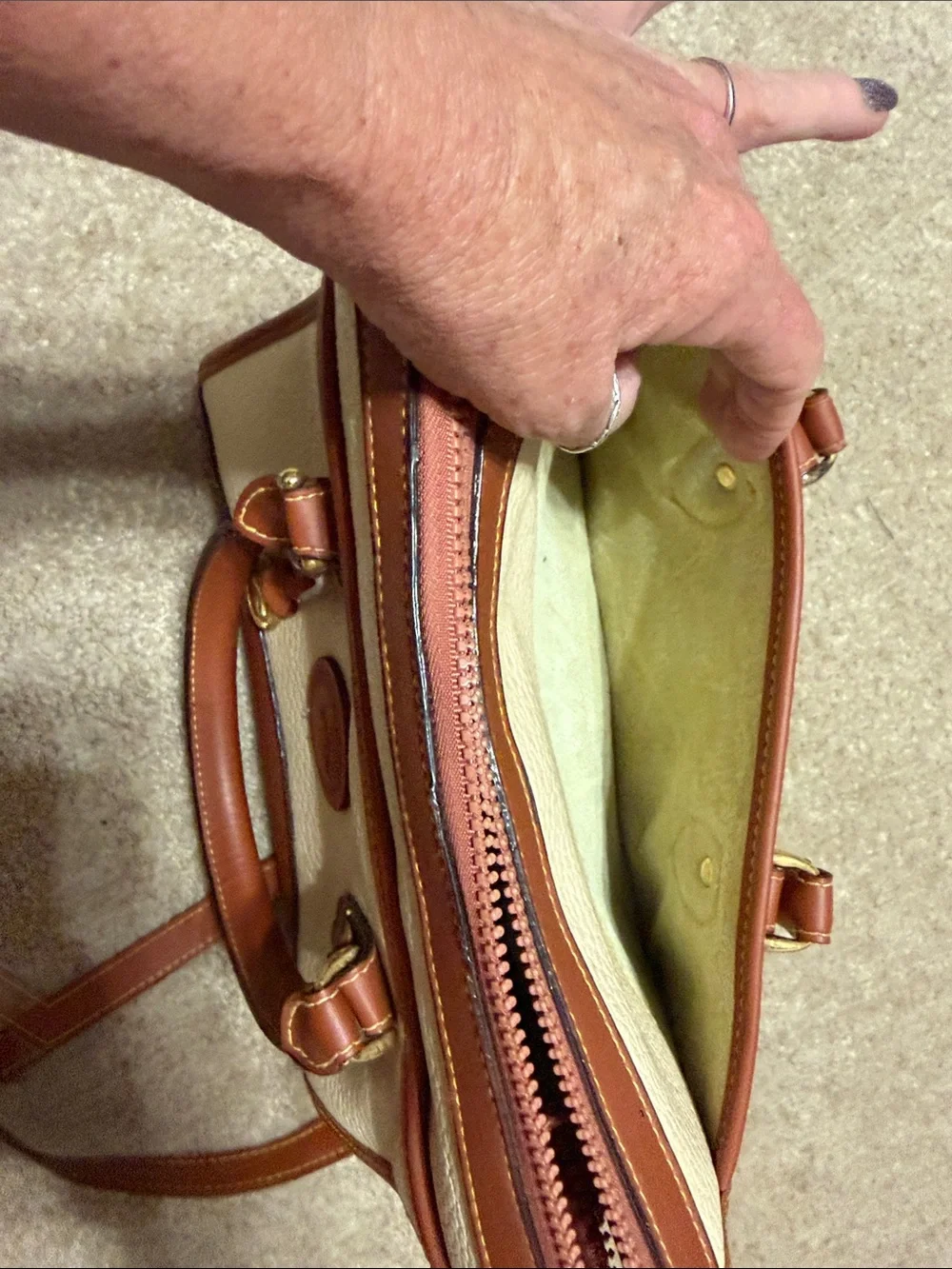 Dooney & Bourke Cream Leather Satchel with Brown Trim